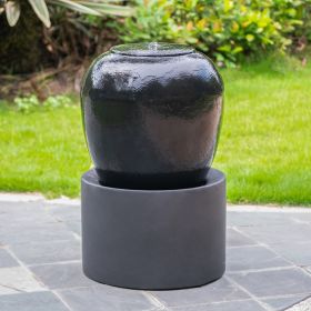 19.5x19.5x32.5" Heavy Outdoor Cement Fountain Black, Cute Unique Urn Design Water feature For Home Garden, Lawn, Deck & Patio