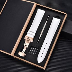 Unisex Double-sided Head Layer Cowhide Buckle Type Leather Watch Strap Bow Buckle Premium Needle Pattern (Option: White-Rose gold-18mm)