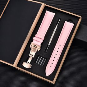Unisex Double-sided Head Layer Cowhide Buckle Type Leather Watch Strap Bow Buckle Premium Needle Pattern (Option: Pink-Rose gold-18mm)